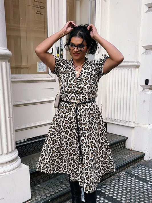 TAVIMART  -  Retro Leopard Print Women Midi Dress Chic V-neck Short Sleeve Split A-line Dresses Summer New Female Loose Street Robes 2024