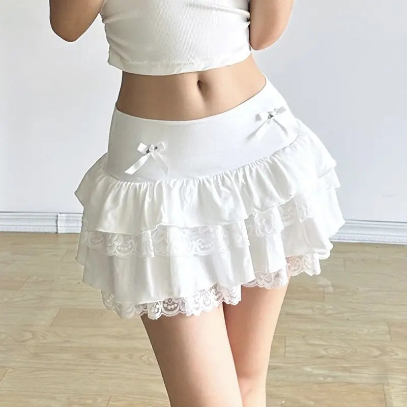 vzyzv  -  White Mini Skirts High Quality Lace Bow Patchwork Sweet A-Line High Street Korean Fashion Women Cupcake Dress Harajuku All-Match