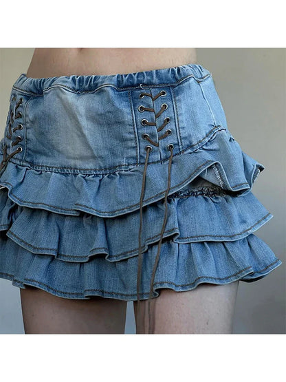 vzyzv -  Summer Women Korean Low Rise Gothic Mini Denim Tierred Ruffles Skirt Gyaru Harajuku 2000s Coquette Y2k Streetwear Kpop Chic Goth