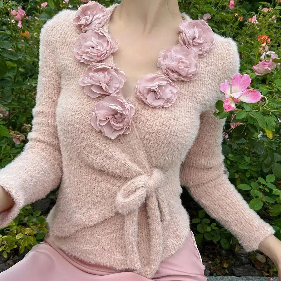 vzyzv  -  Pullover 3D Flowers French Vintage Slim Women Korean Long Sleeve Elegant Tops Female Retro Knitted Chic Fairy Clothing