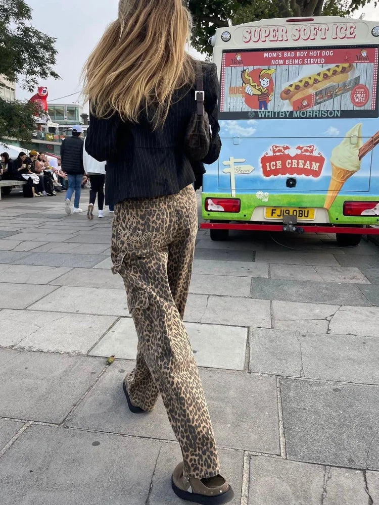 vzyzv  -  Fashion Leopard Printed Long Pants Women 2024 Spring Summer Slim Pocket High-waist Casual Straight-pants Female Commuter Clothes