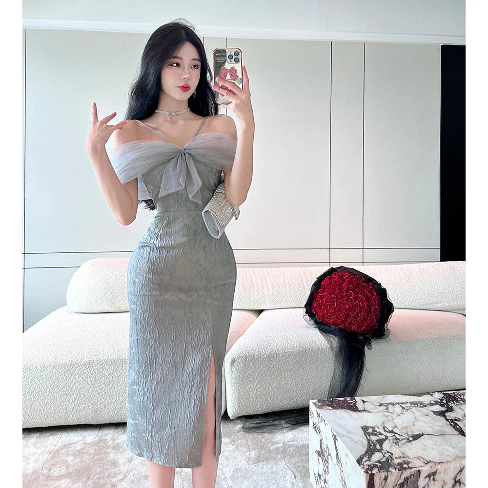 nvxiot  -  2024 New Jacquard Patchwork Bow Mesh Midi Dress Summer Fashion Sling Dress Women Korean Elegant Bodycon Luxury Festival Dresses