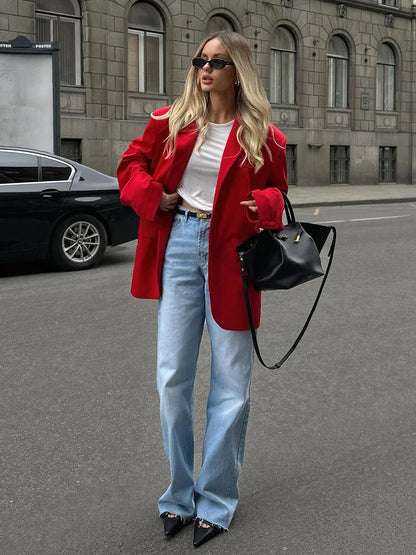 vzyzv  -  Autumn Red Fashion Blazer Women 2024 New Single Breasted Long Sleeve Pockets Outerwear Streetwear Fashion Casual Jackets Female