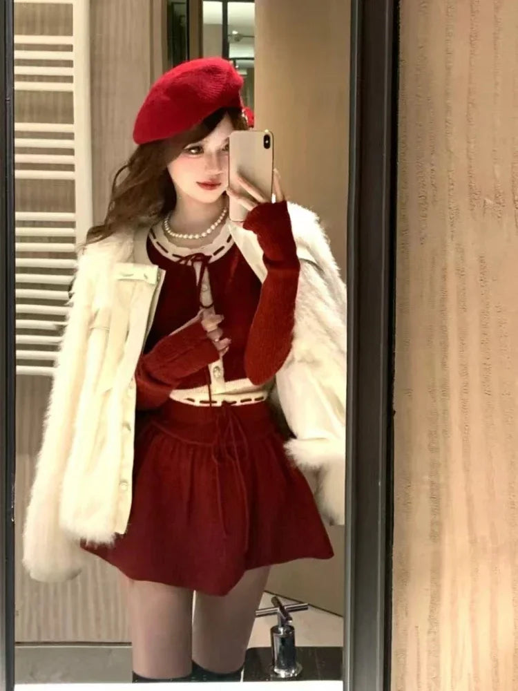 vzyzv  -  Autumn Winter New Christmas Red Skirt Suit Women Casual Slim Blouse + Y2k Mini Skirt Sweet Fashion 2 Piece Skirt Set Female