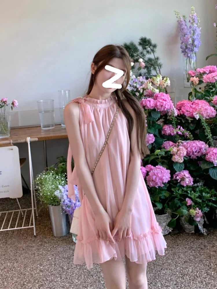 vzyzv  -  Sweet Pink Y2k Mini Dress Party Women Casual Sleeveless Elegant Dress Korean Style Fashion Pure Color Dress Female  Summer