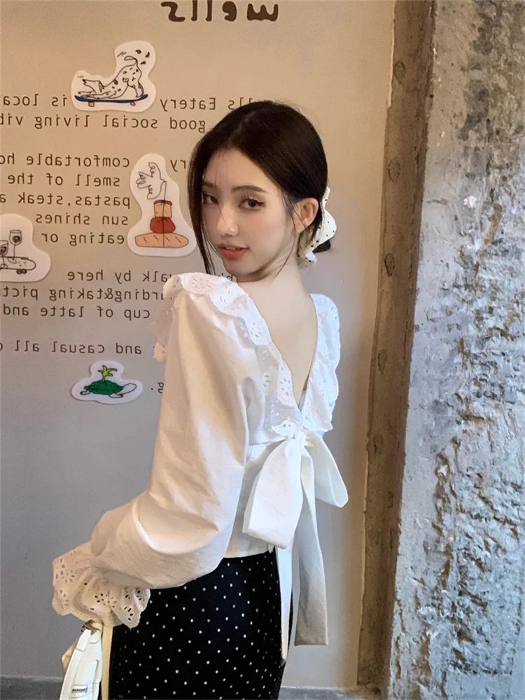 nvxiot  -  French Style Backless Long Sleeved Shirt for Women Summer Bow Short Blouse Elegant White Ruffled Top Blusas Femininas Elegantes