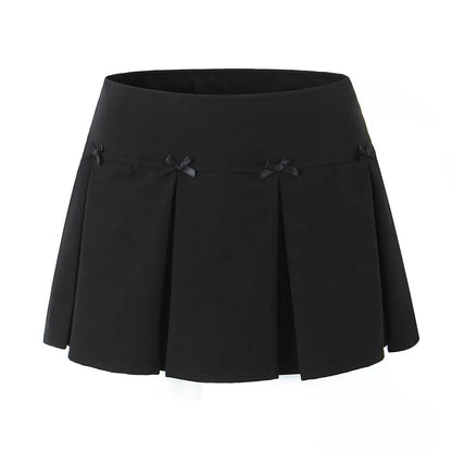 TAVIMART  -   Women Black Spliced Mesh Pleated Low Waist Skirt Bow Folded A-line Short Skirt Saia Mini Skirt Cool Girl Y2K American Retro