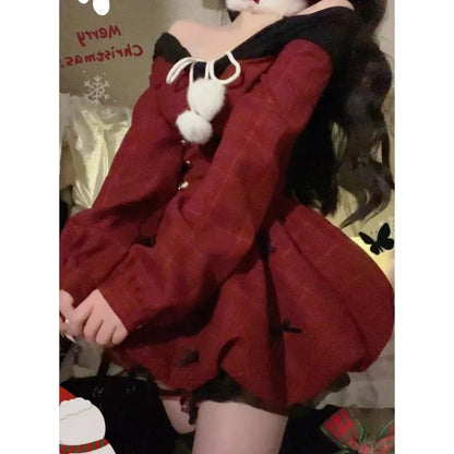 vzyzv  -  Y2K Christmas Red Elegant Party Dress Women Casual Sweet Plaid Bow Dresses Female Korean Fashion Chic Kawaii Mini Dress