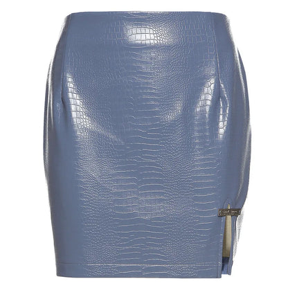 nvxiot  -  Faux Leather PU Split Skirt Women Fall Winter Blue High Waist Slim Casual Sexy Mini Skirts Streetwear