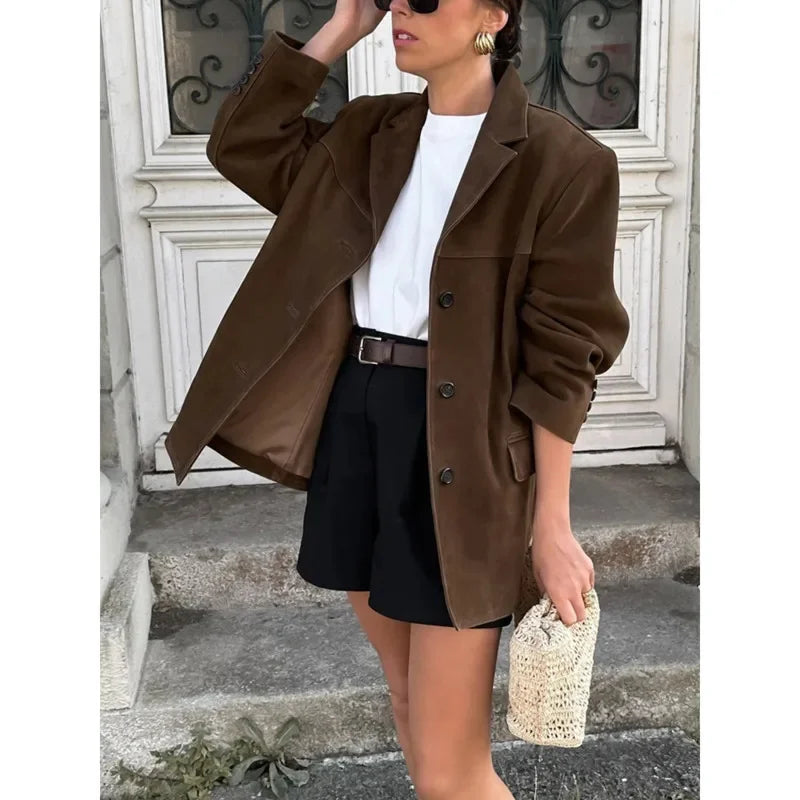 vzyzv  -  Vintage Lapel Pocket Suede Leather Jacket Women Fashion Loose Single Button Oversize Brown Coats Female Street Chic Clothes