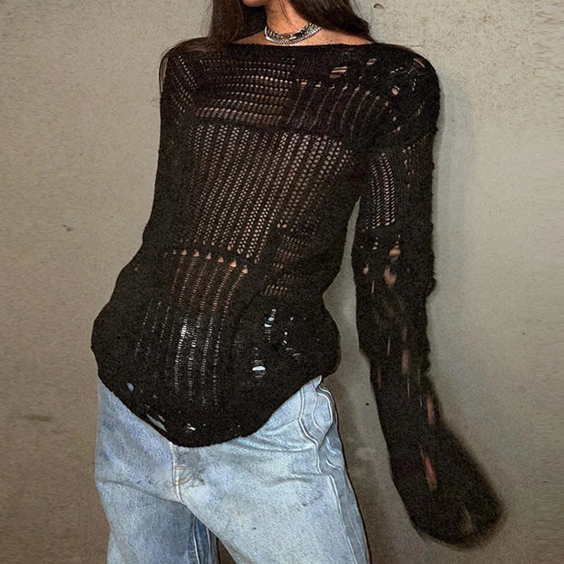 nvxiot  -  Chic Tattered Sweater Women Fashion Loose Long Sleeve Tops Lazy Style Hollowed Out Thin Perspective Black White Ripped Pullover