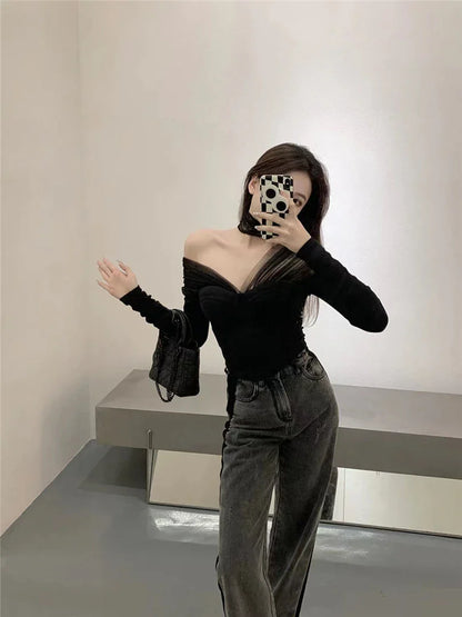 TAVIMART  -   Summer Women Sexy Skinny Tops Fashion Ladies Full Sleeve Slash Neck Mesh Patchwork Slim Cropped Top Female Blouse