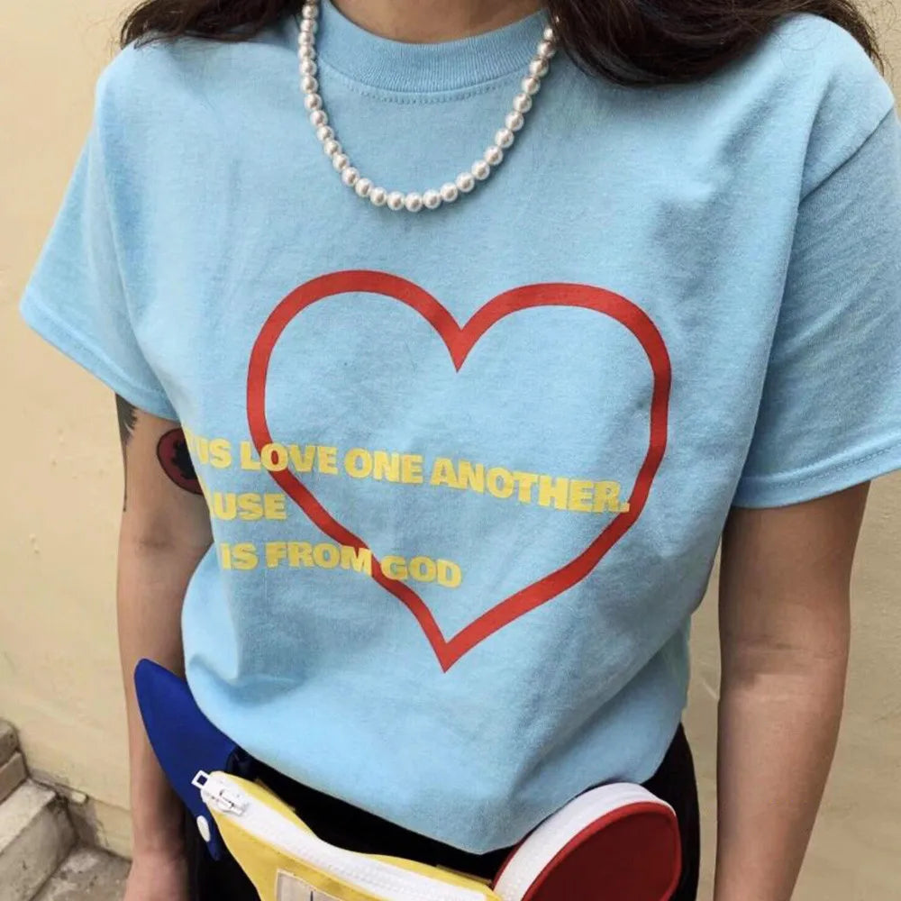 vzyzv -  Let Us Love One Another Letters Printing Women Chic T Shirts Short Sleeve Loose Cotton Casual Summer Tops Kpop 90's Tees 2024