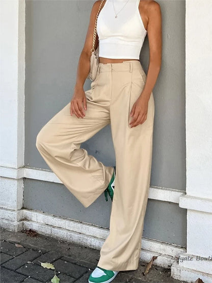 vzyzv -  Spring Summer Casual Hidden Button Wide Leg Pant For Women Fashion Solid Color Office Lady Commuter Simple Straight Long Trouser