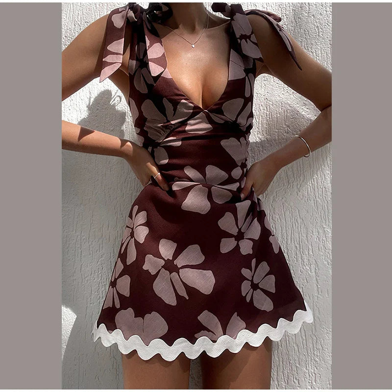 vzyzv -  Sexy Printed V-neck Short Dresses Women Lace Up Sleeveless Backless Sling Wave Dress 2024 Summer A-line Lady Mini Party Vestidos