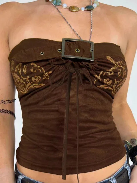 vzyzv  -  Vintage Brown Embroidery Tube Top Y2K Aesthetics Pullover Strapless Tank Tops Button Up Cutout Design Sleeveless Women