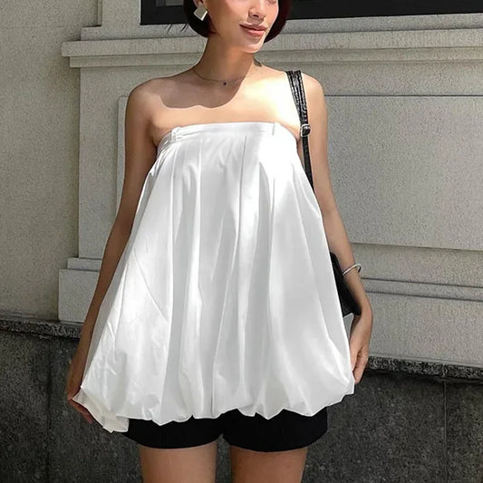 vzyzv -  New White Strapless Dress Women Sleeveless Loose Ruched Short Dress Backless Splice Casual Bandage Female Clothes Summer