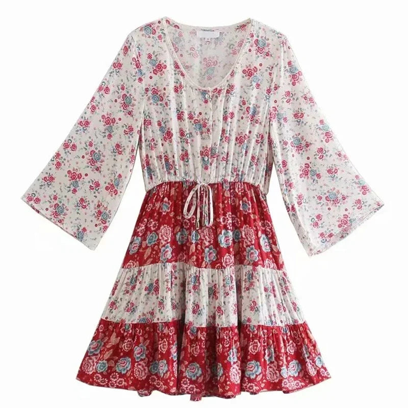 vzyzv -  Floral Vintage Mini Dress Pink Holiday Boho Women Dress  Flare Sleeve Summer Holiday Ladies Female Sexy Dresses