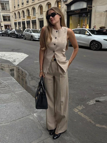 vzyzv -  Sleeveless Suit Casual Vest Women's Elegant Long Pants Round Neck Front Buckle Fashionable Street Clothing Set Summer Women Top