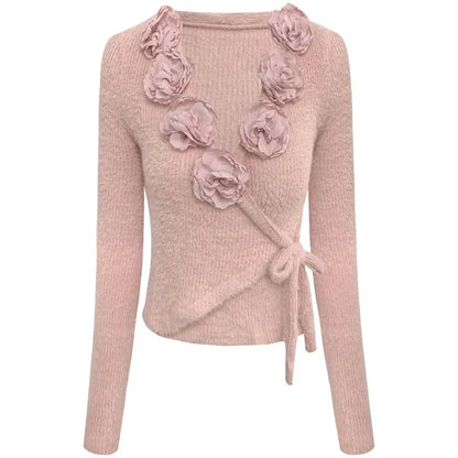 vzyzv  -  Pullover 3D Flowers French Vintage Slim Women Korean Long Sleeve Elegant Tops Female Retro Knitted Chic Fairy Clothing