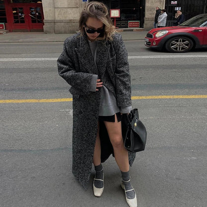 vzyzv  -  Women Herringbone Wool Tweed Overcoat Fashion Long-Sleeved Turn-down Collar Coat Double Breasted High Street Outerwears