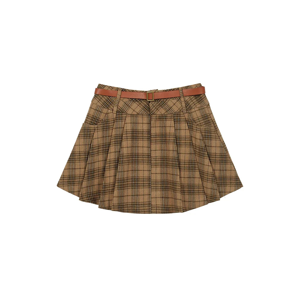 vzyzv  -  Korean Vintage Brown Plaid Pleated Skirt Female Autumn Winter Elegant Slim High Waist A-line Short Student Woolen Skirt  New