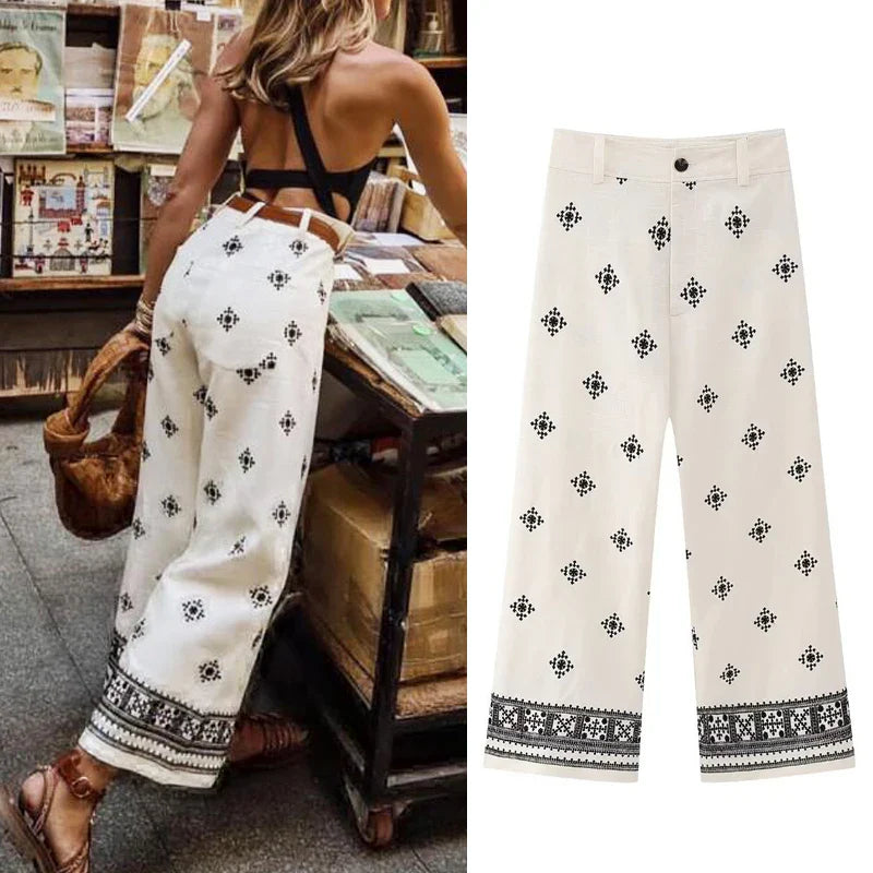 vzyzv  -  Vintage Ethnic Floral Embroidery Wide Leg Pants for Women Casual High Waist Linen Cotton Pant Summer Boho Beach Trousers