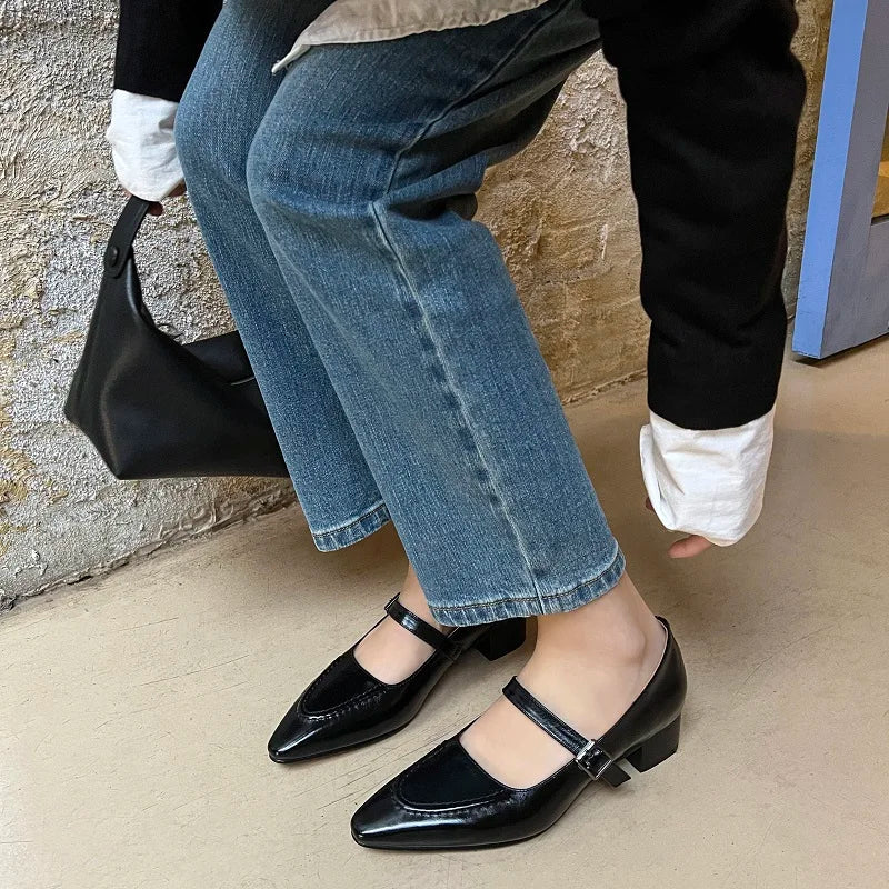 vzyzv  -  Spring Autumn Mary Janes Simple Shoes On Thick Heel French Style Cowhide Pumps Women One Strap Buckle Shoes Retro Cozy Med Heels