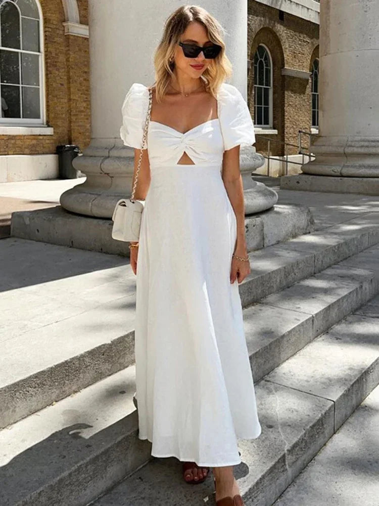 vzyzv  -  White Square Collar Puff Sleeve Long Dress For Women Slim A-Line Twist Hollow Out Cotton Elegant Dresses Autumn Fashion