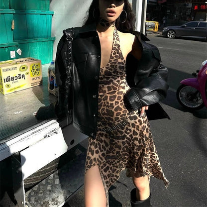 nvxiot  -  Leopard Printed Sexy Woman Dresses Vintage Mini Backless Y2k Dress Short Streetwear Party Female Fashion Hotsweet Chic