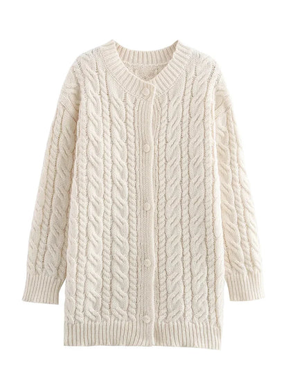 vzyzv  -  Beige Twist Knitted Cardigan Sweater Buttons Autumn Winter Women Loose Casual Long Cardigans Fashion New Female Sueter  Mujer