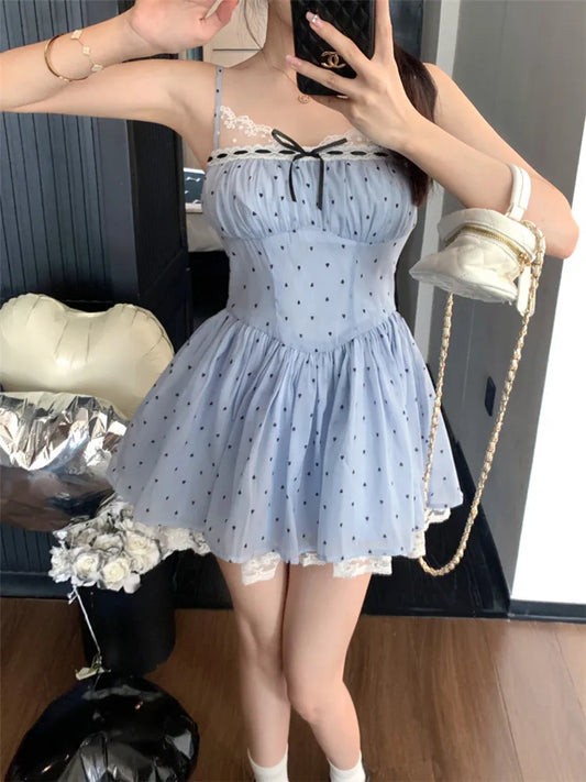 vzyzv  -  Summer Prairie Style Porka Dot Short Blue Strap Dress Sexy Lace Stitching Slim A Line Mini Dress New Fashion Cute Bow Slip Dress