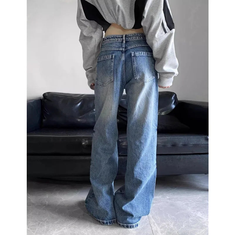 vzyzv  -  Blue Jeans Women American Style 90S Vintage High Waisted Jean Straight Trouser Streetwear Casual Loose Wide Leg Denim Pants