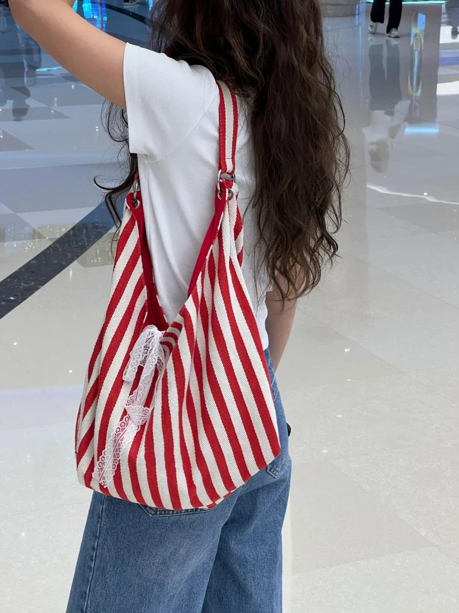 vzyzv  -  Korean Striped Large Capacity Canvas Bags 2024 New Commuting Student Class Shoulder Tote Bag