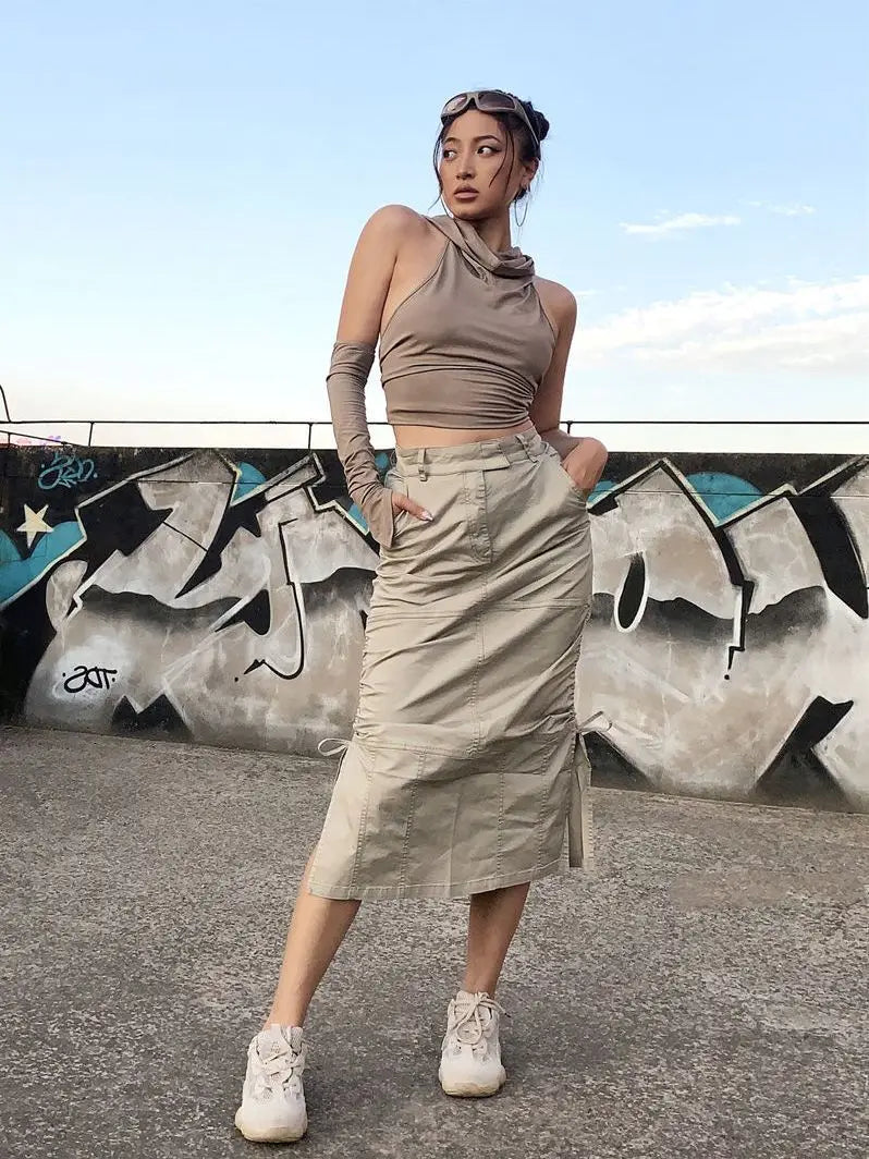 vzyzv  -  High Street Cargo Skirts for Women Summer New Retro Pleated American Spicy Girl High Waist Slim A-line Split Mid Lenght Skirt