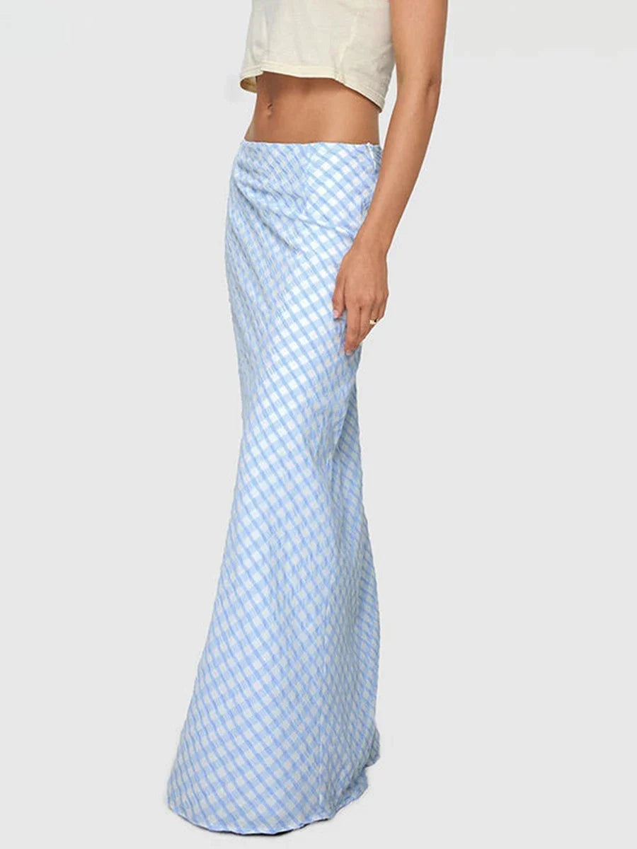 vzyzv -  Vintage Blue Maxi Skirt Plaid Print Y2K High Street Women Bodycon Pencil Long Skirts Korean Casual Outfits 2024 Summer