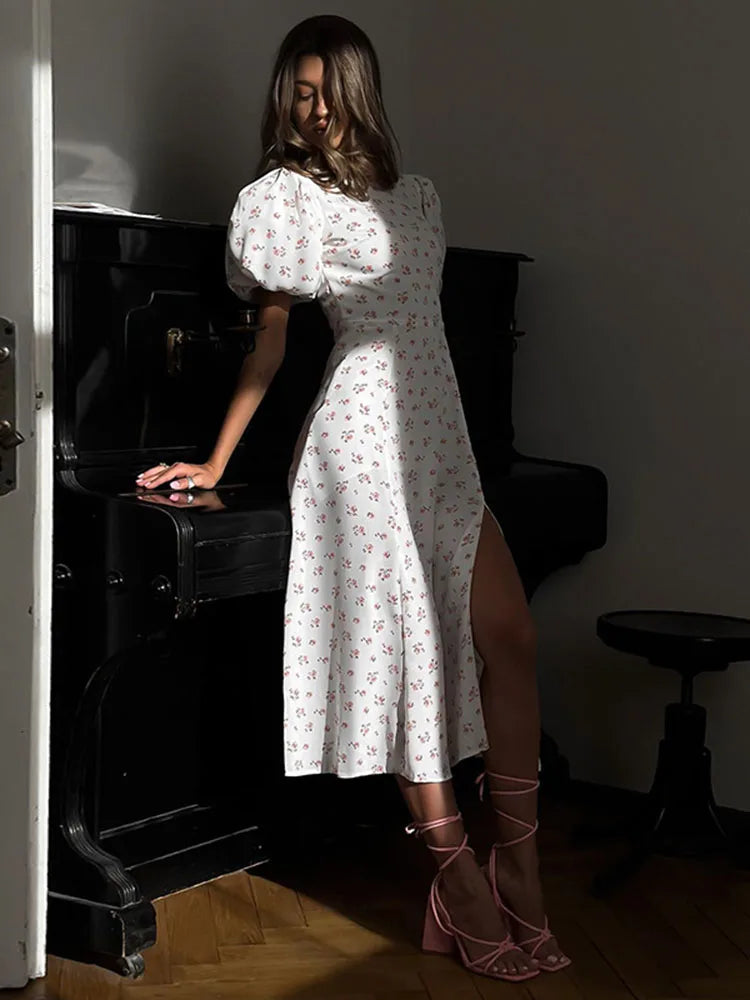 vzyzv -  Printed Backless Slit Long Dress Women's Summer Round Neck Puff Sleeve High Waist Color Block Casual Elegant Long Dress