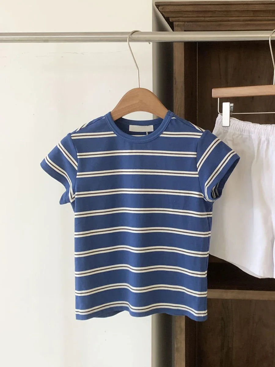 vzyzv  -  Blue Striped Contrast T-shirt Women Classic O Neck Chic Slim Short Sleeve T-shirts New Summer Korean Fashion Casual Tees