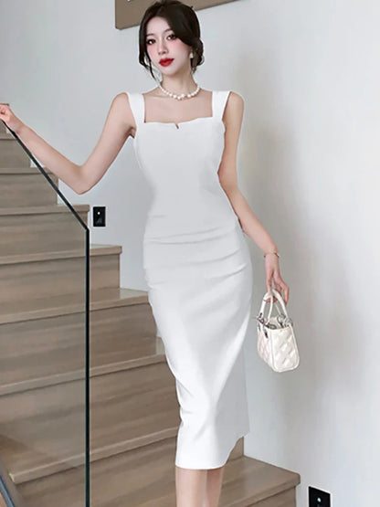 nvxiot  -  2024 Pink Bodycon Hip Wrap Dress Summer White Pleated Square Collar Sling Long Dress 2024 Black Elegant Sexy Club Evening Dress