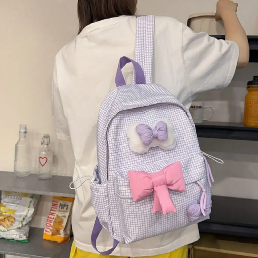 vzyzv  -  Large Capacity Cute Bowknot Backpack Solid Color Korean Style Nylon Student School Bag Lattice Lightweight