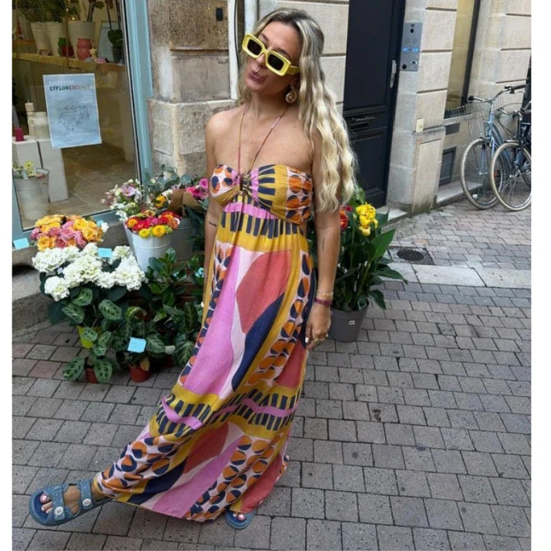 vzyzv -  Neck Print Dress Sexy Maxi Dress Beach Backless Sleeveless High Waisted Women's Summer Swing Bohemian Retro Dress