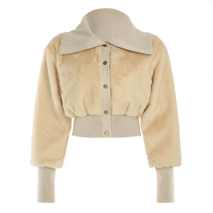 vzyzv  -  Winter Faux Fur Patchwork Jackets Women Turn Down Collar Long Sleeve Single Breasted Warm Crop Coats Top Street Outerwear