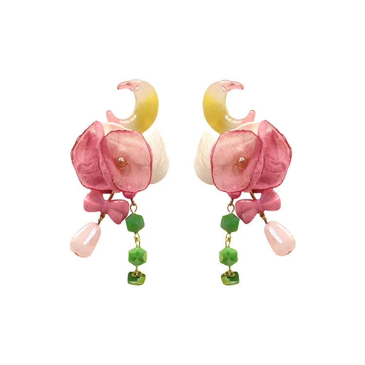 vzyzv -  Summer Rose Red White Petals Gradual Change Crescent Earrings Exaggerated Color Green Korean Earrings Piercing 2024 New