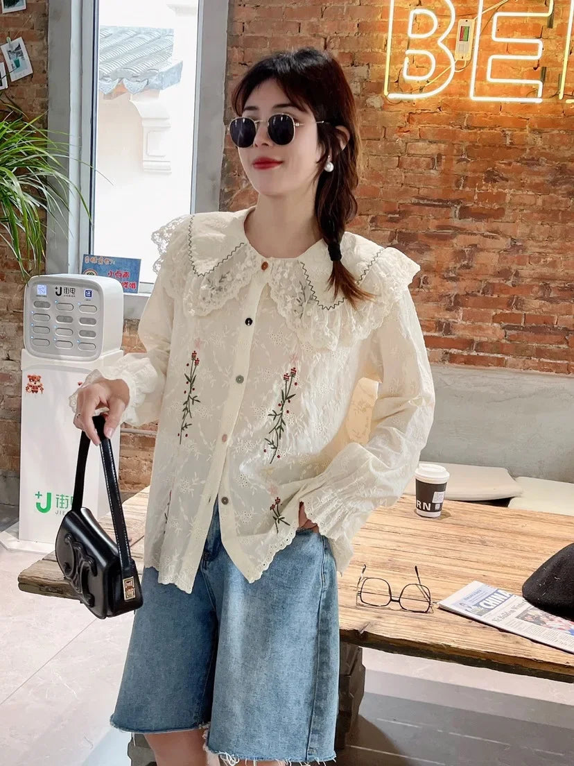 nvxiot  -   New Women Shirt Peter Pan Collar Vintage Style Basic Shirts Petal Sleeve Embroidery Boho Blusas Mujer Cotton Shirts Top