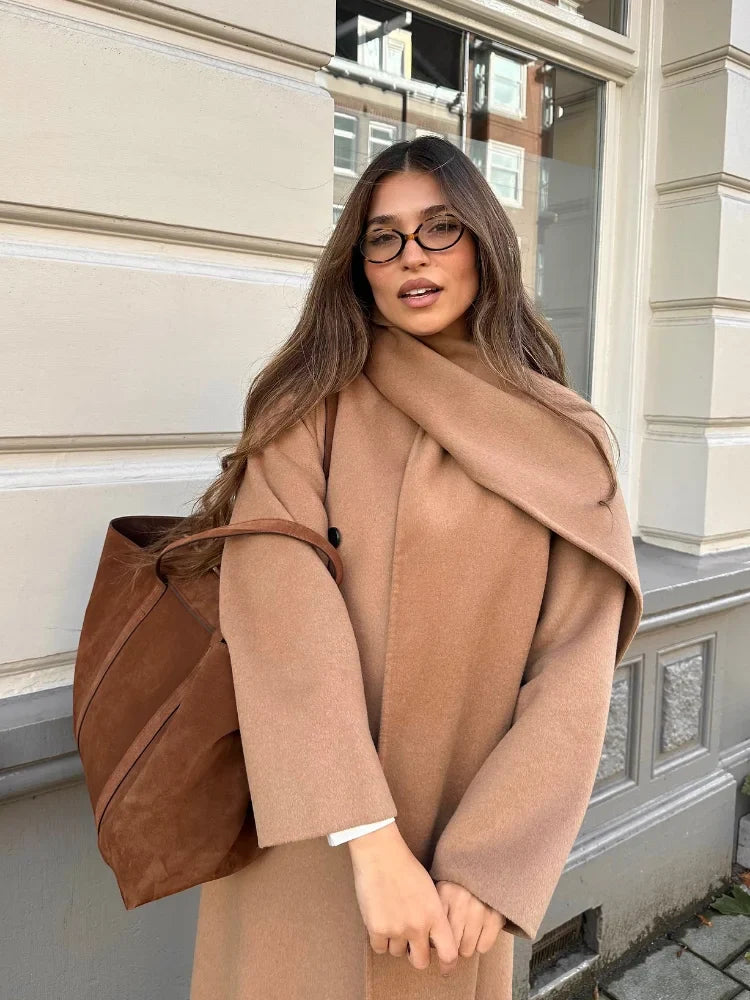 vzyzv  -  Women Elegant Brown Long Woolen Coats With Scarf Fashion Double Breasted Oversized Thicken Overcoats Lady Daily Streetwear