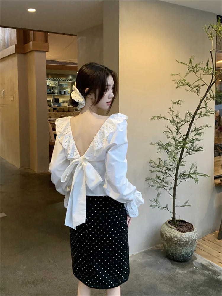 nvxiot  -  French Style Backless Long Sleeved Shirt for Women Summer Bow Short Blouse Elegant White Ruffled Top Blusas Femininas Elegantes