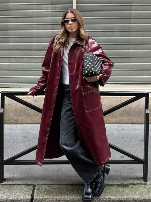 vzyzv  -  Fashion Burgundy Patent Leather Stitch Overcoat Women Buttons Flap Pockets Oversized Windbreaker Chic Lady High Streetwear