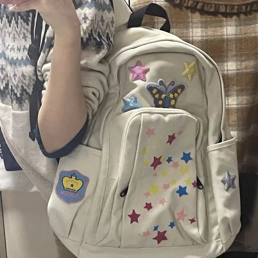 vzyzv  -  Korean Y2k Butterfly Star Print Aesthetic High-capacity Backpacks Casual Cute Cool Canvas Bag Sweet Trendy Girl Schoolbags