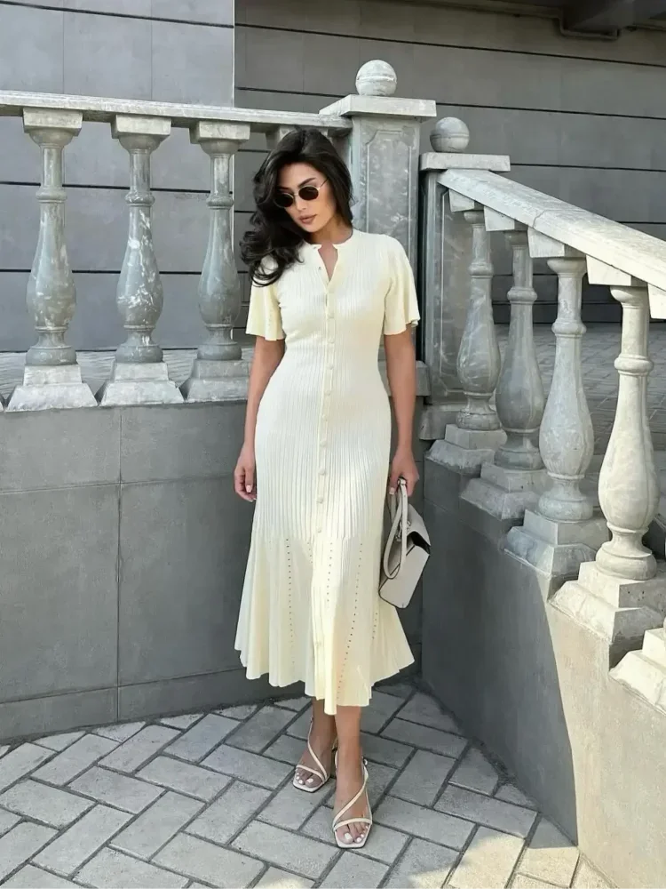 vzyzv  -  Fashion Elegant Hollow Out Knitted Dress Women Solid Short Sleeved Breasted Slim Dresses 2024 Elegant Female Commuting Robes