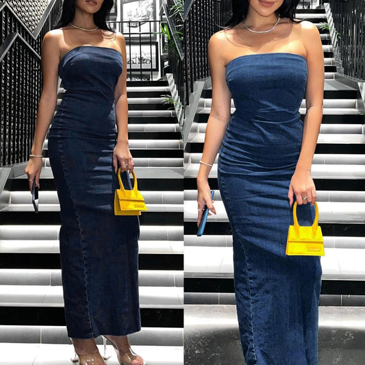 vzyzv  -  Slim Fit Off Shoulder Backless Denim Dress Zipper Closure Ladies Bodycon Dress Strapless Maxi Dress Casual Style Vacation Outfit